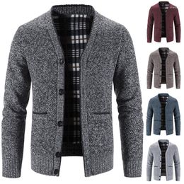 Men's Sweaters V-neck Sweater Autumn Winter Elderly Fleece Thick Warm Cashmere Cardigan Fashion Solid Versatile Clothes