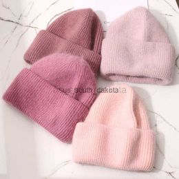 Beanie/Skull Caps Winter Angola Rabbit Fur Knitted Beanies For Women Fashion Solid Warm Cashmere Wool Skullies Cap Female Three Fold Thick Hats L0825
