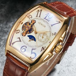 Wristwatches Luxury Automatic Mechanical Watches Men Moon Phase Skeleton Retro Self Winding Wristwatch Male Gold Case Clock Leather Watches 230824