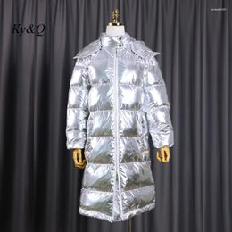 Women's Trench Coats Star's Same 2023 Winter Women Luxury White Duck Down Bright Silver Knee Overcoat X-Long Loose Thickened Hooded Jacket