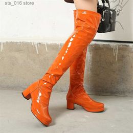 Boots Over The Knee Boots Women 2023 Candy Colours Green Yellow Fashion Patent Leather Waterproof Style Long Boots with High Heels T230824