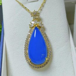 Pendant Necklaces Natural Myanmar Jadeite Blue Jade Water Drop Necklace Women Fine Jewellery Burma Inlaid Zircon Teardrop