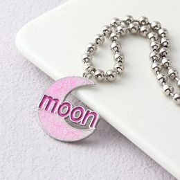 Pendant Necklaces Sweet Pink Crystal Moon Necklace Korean Fashion Metal Beads Charm Clavicle Chain For Women Birthday Gift Jewellery