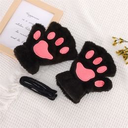 Five Fingers Gloves 1Pcs Cat Paw Winter Cute Cartoon Girl Open Finger Thickened Fluffy Bear Half 230824