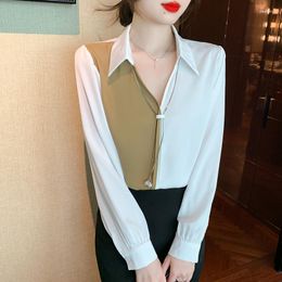 Women's Blouses Autumn Korean Style All-match Contrast Colour Patchwork Long Sleeve Shirt Fashion Office Lady Elegance Simple Loose Cosy