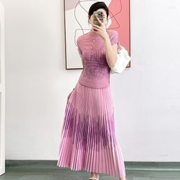 Work Dresses Summer 2023 Women's Fashion Print Top Stand Collar Slim Short Sleeve T-shirt Undercoat Pleated Half Skirt 2-piece Set