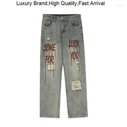 Men's Jeans Wide Leg Graffiti Baggy Y2K Ripped Printed Long Male Straight Trousers Cowboy Denim Man Pants For Men Pantalones