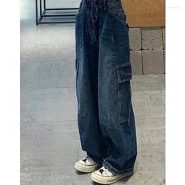 Women's Jeans Dark Blue Vintage Cargo 202 Spring Streetwear Loose High Waisted Straight Wide Leg Women