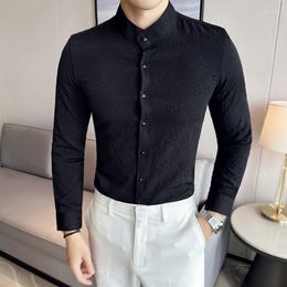 Men's Casual Shirts Vintage Long Sleeve Embossed Men Floral Fashion Stand Collar Slim Fit Chemise Homme Plus Size Stage Social Solid Shirt