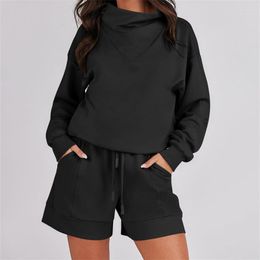 Running Sets Women 2 Piece Outfits Loose Sweatsuits Fashion Cowl Neck Sweatshirts & Shorts Set Lounge Wear Biker Jogger Tracksuit