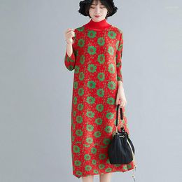 Women's Sweaters 2023 Autumn Winter 3xl Retro Floral Women Turtleneck Sweater Dress Female Elegant A Line Knitting Knee-Length G74