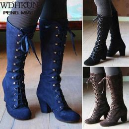 Boots 2021 Black Boots Women Shoes Knee High Women Casual Vintage Retro Mid-Calf Boots Lace Up Thick Heels Shoes T230824