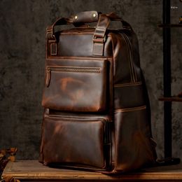 School Bags 17.3" Laptop Bag Retro Crazy Horse Leather Oversized Backpack Men's Large Capacity Computer Business Travel