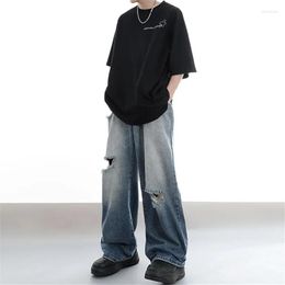 Men's Jeans Ripped Loose Wide Leg Pants Y2K High Waist Button Pocket Trousers Street Spring And Summer Male Clothing YY024