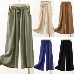 Women's Pants Summer Drawstring Solid Color Wide Leg Stylish Clothing Elastic Waist Pockets Loose Vintage Cropped