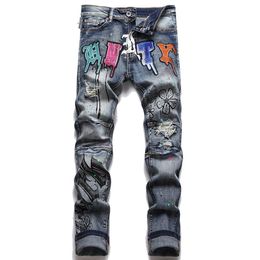 Summer Punk Men's Jeans Printed Cotton Denim Trousers Fashion Urban Mid Waist Casual Pants For Male Vaqueros de hombre232u