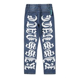 Back Letter Print Washed Blue Mens Jeans Pants Ripped Streetwear Straight Casual Oversized Baggy Denim Trousers308g