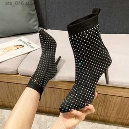 Stretch Fabric Rhinestone Sexy Crystal Ankle Fashion Boots For Woman Pointed Toe Shoes Party Modern Autumn Booties T