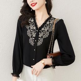 Women's Blouses Spring Autumn Women Lace Shirt V-neck Silk Satin Blouse Patchwork Embroidered Long-sleeved Vintage Tops