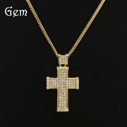 Europe US 18K real gold electroplating diamond three-dimensional cross pendant necklace hip-hop hip hop jewelry245a