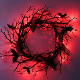 Other Event Party Supplies Halloween Bat Black Branch Wreaths With Red LED Light 45CM Wreaths For Doors Window Flower Garland Halloween Home Decoration 230824