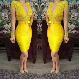 Yellow Homecoming Cocktail Dress V Neck Long Sleeves Lace Appliques Sheath Short Prom Party Gowns Robe De Soiree