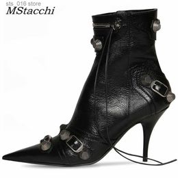 Short Women Pointed Toe Metal Decoration Punk Motorcycle Botines Mujer Women's Ankle Boots Tassel High Heels Shoes T2308 2ac1 's