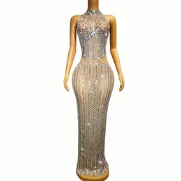 Stage Wear Sparkly Silver Sequins Rhinestones Transparent Dress Evening Birthday Celebrate Sexy Sleeveless Costume Prom Outfit Jiaren