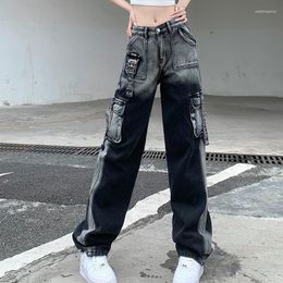 Women's Jeans Trend Washing Old Loose Straight Trousers Tie-dyed Metal Buckle Multi-pocket Tooling Pantalones Vaqueros Mujer