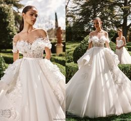 Beautiful 3D Handmade Flowers A Line Wedding Dresses Charming Tulle Sheer Neck Floral Lace Boho Garden Bridal Gowns Short Sleeves Modern Sexy Robes de Mariee CL2746