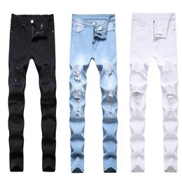 Men's Jeans Man White Mid High Waist Stretch Denim Pants Ripped Skinny For Men Jean Casual Fashion Pant263N