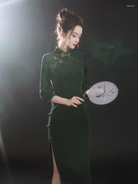 Ethnic Clothing 2023 Dark Green Cheongsam Autumn Winter Young Long-sleeved Improved Temperament Qipao Dress Costume