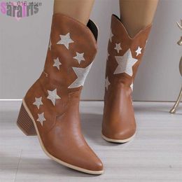 Boots Brand New Women's Western Ankle Boots Pointy Toe Chunky Heels Slip On Star Retro Cowboy Short Boots Woman Cowgirl Shoes Ladies T230824