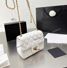 23SS Designer Channel Bag Sheepskin Small Golden Ball Square Fat Bag Advanced Fashion Versatile Diagonal Leather Rhombus Bag Adjustable Correct Logo White