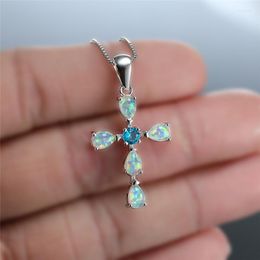 Pendant Necklaces Luxury White Green Orange Opal Necklace Classic Cross Blue Zircon Dainty Silver Color Chain For Women