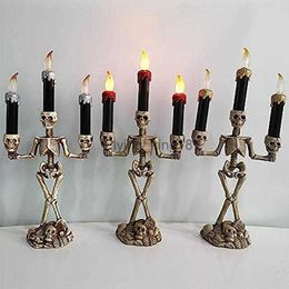 Halloween Candelabra Decorations Triple Skeleton Flameless Candle Holder Stand LED Lamp Tabletop Decor For Haunted House Parties HKD230825