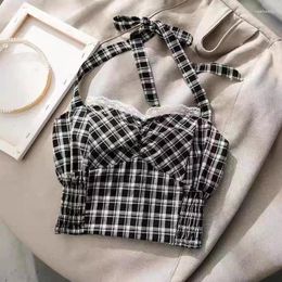 Women's Tanks Summer Black And White Plaid Desire Bow Suspender Female Bow-tie Short Seaside Beautiful Halter Camis Sexy Lace Outerwear Top