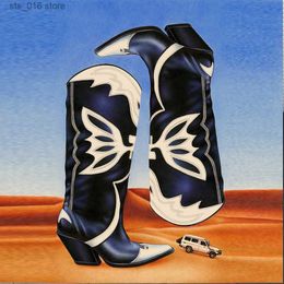 Joelho de cowgirl de cowgirl longo bordado bordado bordado preto de fada branca calcaça grossa as botas ocidentais deslizam na marca de sapatos desi 44c2