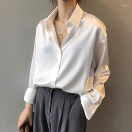 Men's Sweaters Spring Fashion Button Up Satin Silk Shirt Vintage Blouse Women White Tops Lady Long Sleeves Female Loose Street Shirts