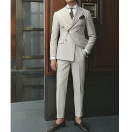 Men's Suits Blazers 2023 Mens Double Breasted Beige Suit For Man Lapel Blazer Jacket Pants 2 Piece Formal costume homme Handsome 230824