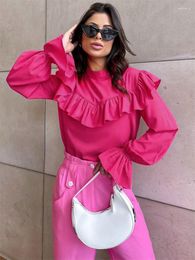 Women's T Shirts Zabrina Elegant Rose Red T-Shirt Women Autumn 2023 Puff Sleeve Ruffled Y2k Tops Fashion French Style Tees Female Clubwear