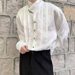 Men's Casual Shirts 2023 Satin Jacquard Weave Vintage Long Sleeve Shirt Black White Men Women Green Pearl Buttons Stand Collar Blouse