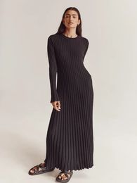Basic Casual Dresses Elegant Solid Ribbed Knitted Maxi Dres Slim Oneck Long Sleeve Lace Up Aline 2023 Autumn Lady Streetwear Robe 230825