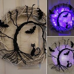 Other Event Party Supplies 37CM Happy Halloween Wreath With LED Light Up Black Bat Cat Wreath Pendant Halloween Wreath Decoration For Home Party Supplies 230824