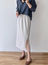 Skirts 2023 Spring Simple Pure High Stretch Straight Midi Skirt Elastic Waist Side Slit Casual Wrap