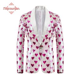 Men's Suits Blazers Stylish Heart Sequin Tuxedo Blazer Men One Button Shawl Lapel Mens Party Suit Jacket Wedding Groom Stage Singer Costume 230824