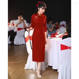 Ethnic Clothing Chinese Traditional Bridal Cheongsam Long Sleeve Marriage Engagement Red Qipao Dress