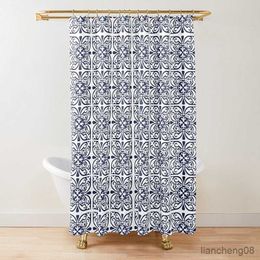 Shower Curtains Trellis Pattern Shower Curtain Navy Blue White Geometric Bathroom Curtains with R230825