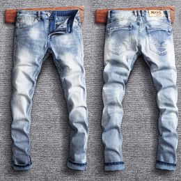 Mens Jeans Fashion Vintage Men Retro Light Blue Slim Fit Classical Italian Style Designer Casual Cotton Denim Pants Hombre 230824