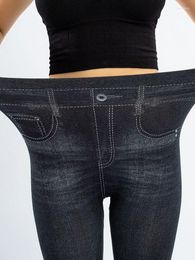 Women's Leggings 2023 CUHAKCI Workout Running Push Up Slim Women Hole Print Trousers Faux Denim Jeans High Waist Elastic Pants Fitness S